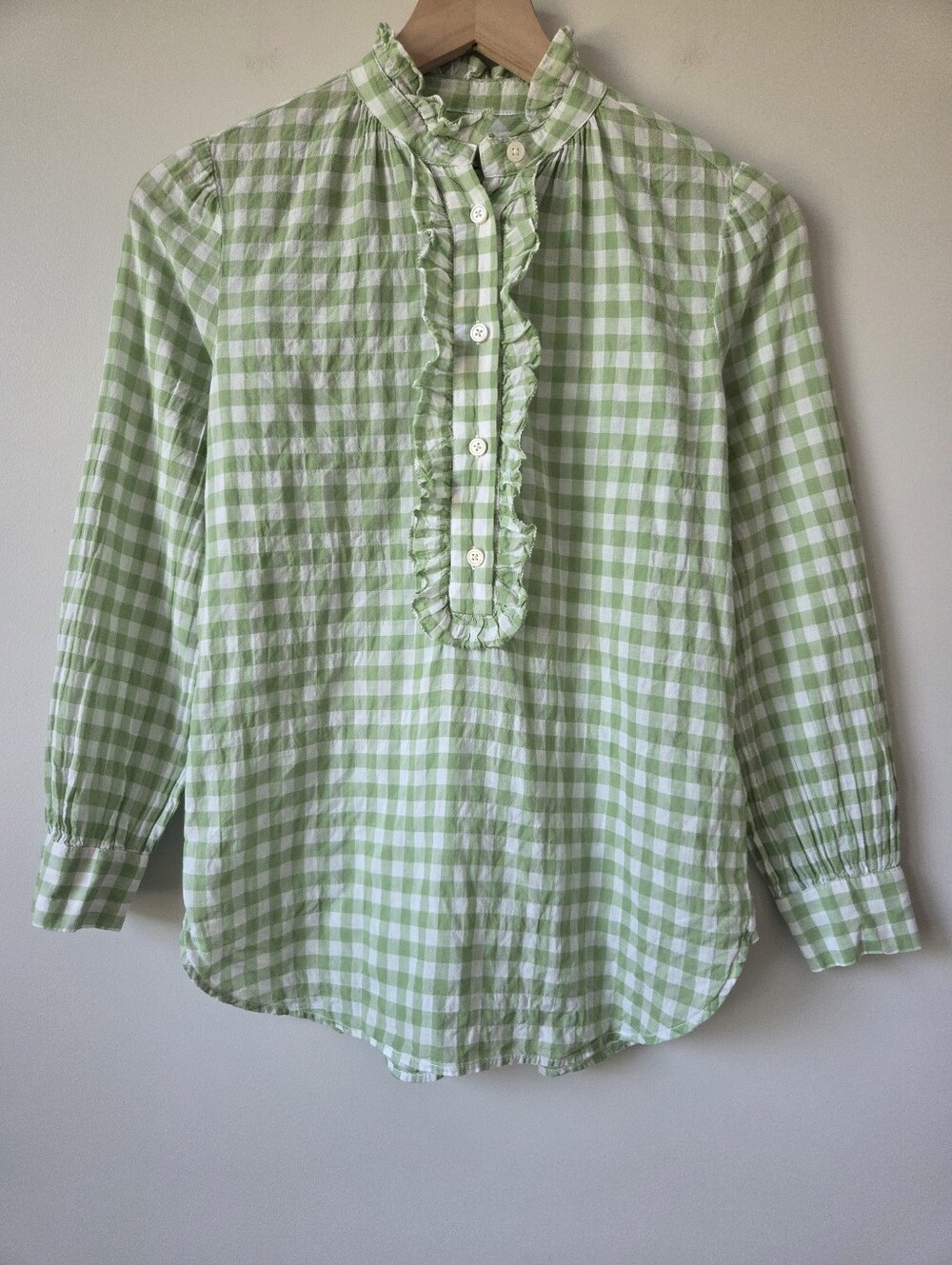 J. Crew Classic Fit Ruffle Popover Green Gingham Blouse Womens Size 00 - Picture 2 of 8